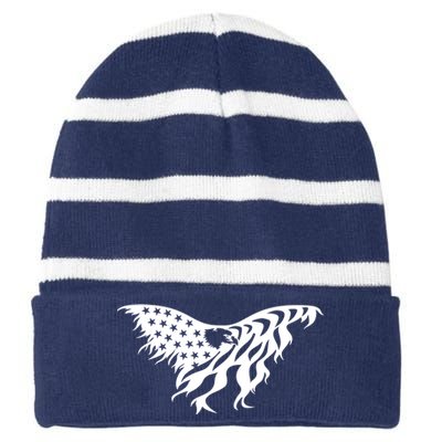 American Bald Eagle Emblem Striped Beanie with Solid Band