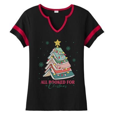 All Booked For Christmas Vintage Librarian Xmas Tree Lights Ladies Halftime Notch Neck Tee