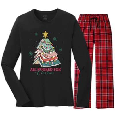 All Booked For Christmas Vintage Librarian Xmas Tree Lights Women's Long Sleeve Flannel Pajama Set 