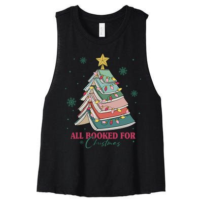 All Booked For Christmas Vintage Librarian Xmas Tree Lights Women's Racerback Cropped Tank