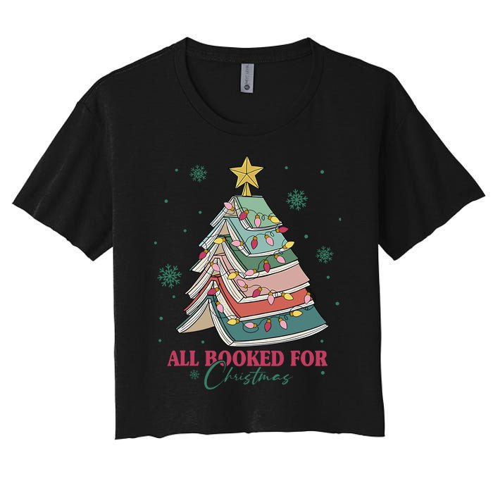 All Booked For Christmas Vintage Librarian Xmas Tree Lights Women's Crop Top Tee