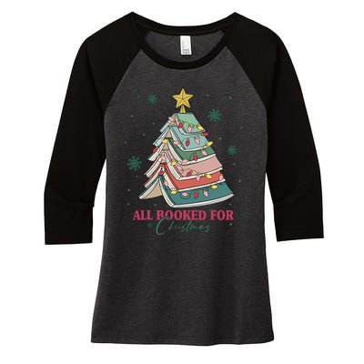 All Booked For Christmas Vintage Librarian Xmas Tree Lights Women's Tri-Blend 3/4-Sleeve Raglan Shirt