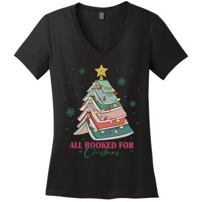 All Booked For Christmas Vintage Librarian Xmas Tree Lights Women's V-Neck T-Shirt