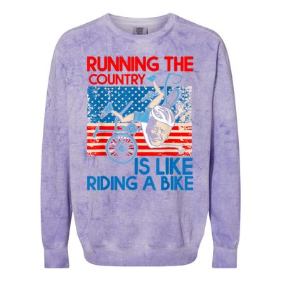 Anti Biden Falling Off Running Country Is Like Riding A Bike Colorblast Crewneck Sweatshirt