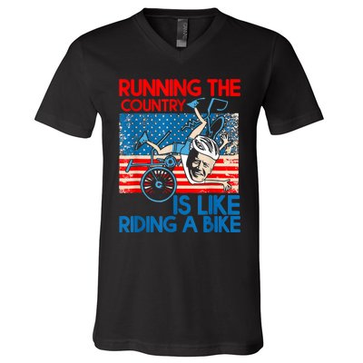 Anti Biden Falling Off Running Country Is Like Riding A Bike V-Neck T-Shirt