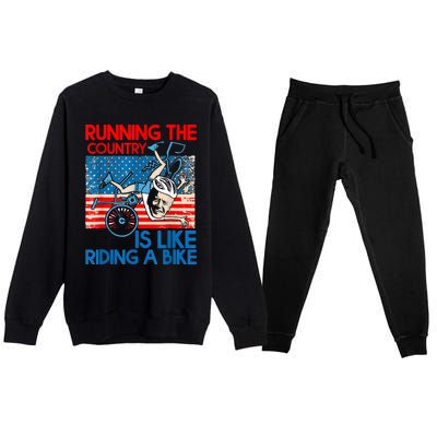 Anti Biden Falling Off Running Country Is Like Riding A Bike Premium Crewneck Sweatsuit Set