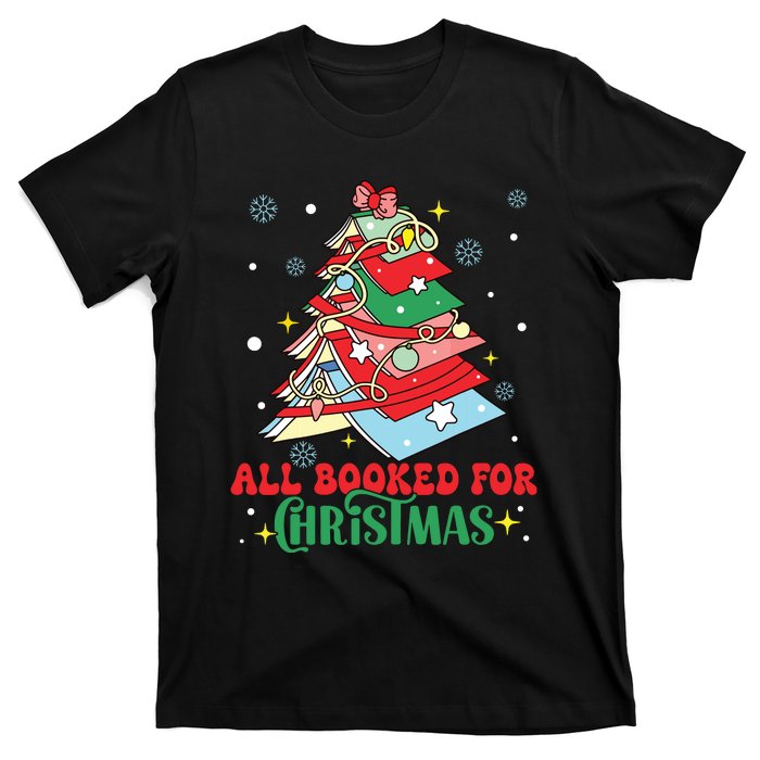 All Booked For Christmas Groovy Christmas Book Tree Squad T-Shirt