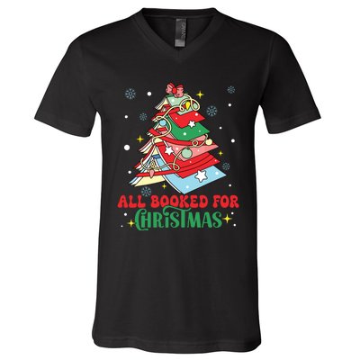 All Booked For Christmas Groovy Christmas Book Tree Squad V-Neck T-Shirt