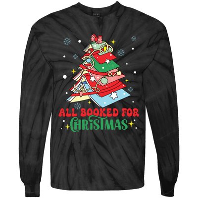 All Booked For Christmas Groovy Christmas Book Tree Squad Tie-Dye Long Sleeve Shirt