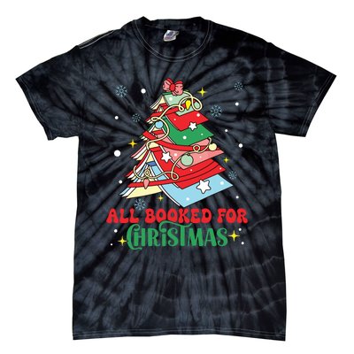 All Booked For Christmas Groovy Christmas Book Tree Squad Tie-Dye T-Shirt