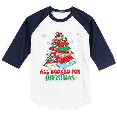 All Booked For Christmas Groovy Christmas Book Tree Squad Baseball Sleeve Shirt