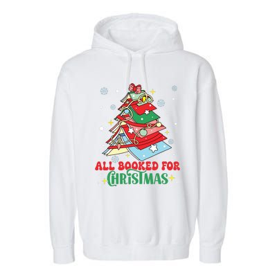 All Booked For Christmas Groovy Christmas Book Tree Squad Garment-Dyed Fleece Hoodie