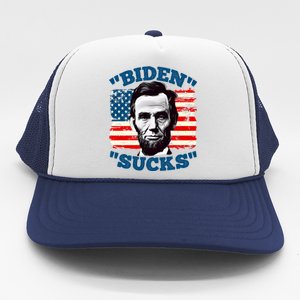 Anti Biden Funny With Lincoln Graphic On American Flag Meaningful Gift Trucker Hat