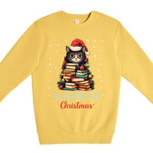 All Booked For Christmas Black Cat Santa Teacher Books Tree Great Gift Premium Crewneck Sweatshirt