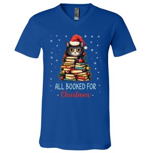 All Booked For Christmas Black Cat Santa Teacher Books Tree Great Gift V-Neck T-Shirt