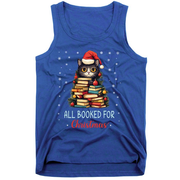 All Booked For Christmas Black Cat Santa Teacher Books Tree Great Gift Tank Top