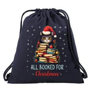 All Booked For Christmas Black Cat Santa Teacher Books Tree Great Gift Drawstring Bag