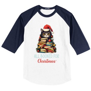 All Booked For Christmas Black Cat Santa Teacher Books Tree Great Gift Baseball Sleeve Shirt