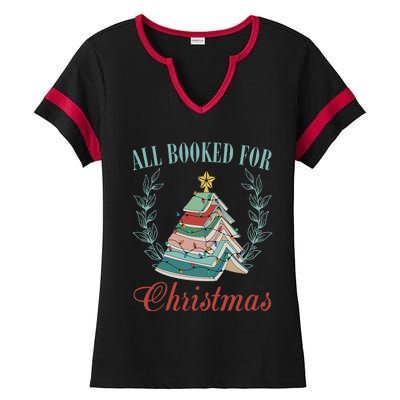 All Booked For Christmas Reading Pine Trees Wreath Lights Ladies Halftime Notch Neck Tee