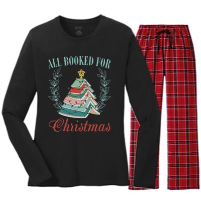 All Booked For Christmas Reading Pine Trees Wreath Lights Women's Long Sleeve Flannel Pajama Set 