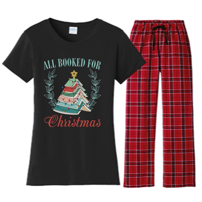 All Booked For Christmas Reading Pine Trees Wreath Lights Women's Flannel Pajama Set