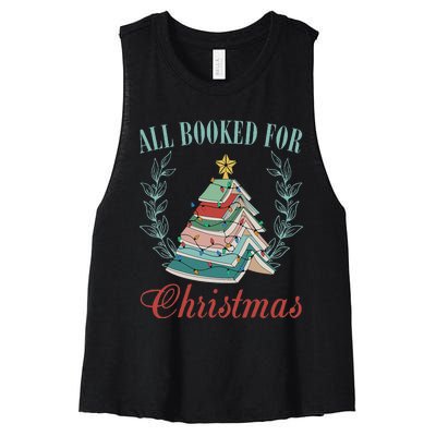 All Booked For Christmas Reading Pine Trees Wreath Lights Women's Racerback Cropped Tank