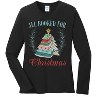 All Booked For Christmas Reading Pine Trees Wreath Lights Ladies Long Sleeve Shirt