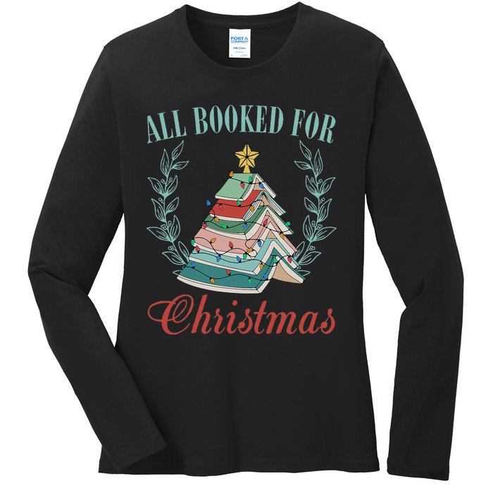 All Booked For Christmas Reading Pine Trees Wreath Lights Ladies Long Sleeve Shirt