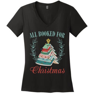 All Booked For Christmas Reading Pine Trees Wreath Lights Women's V-Neck T-Shirt