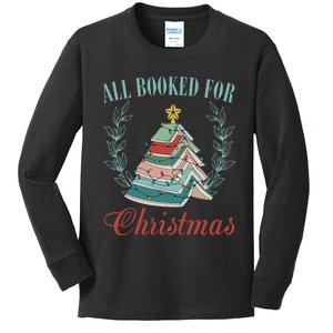 All Booked For Christmas Reading Pine Trees Wreath Lights Kids Long Sleeve Shirt