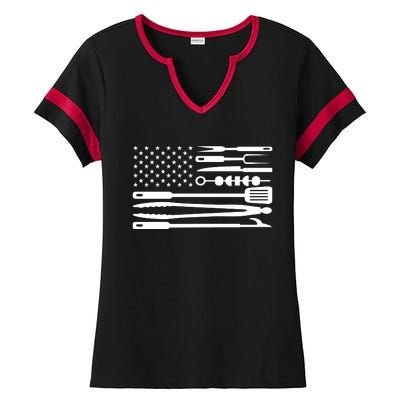 American BBQ Flag Ladies Halftime Notch Neck Tee