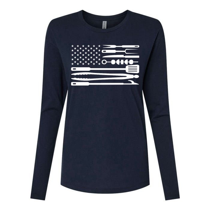 American BBQ Flag Womens Cotton Relaxed Long Sleeve T-Shirt