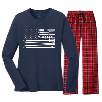 American BBQ Flag Women's Long Sleeve Flannel Pajama Set 