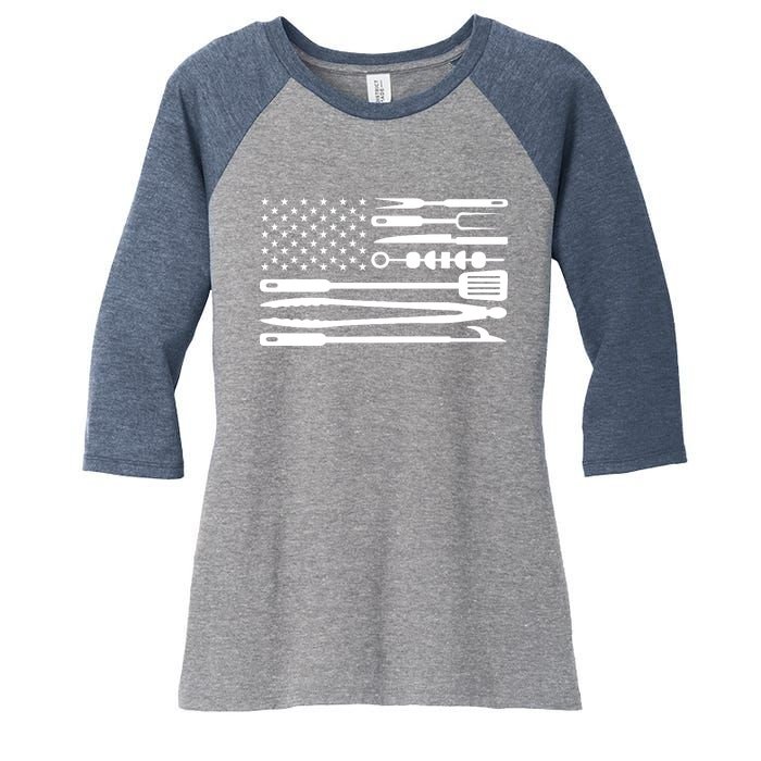 American BBQ Flag Women's Tri-Blend 3/4-Sleeve Raglan Shirt