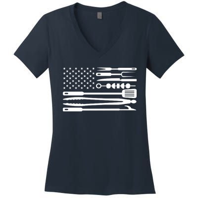 American BBQ Flag Women's V-Neck T-Shirt