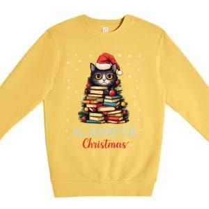 All Booked For Christmas Black Cat Santa Teacher Books Tree Funny Gift Premium Crewneck Sweatshirt