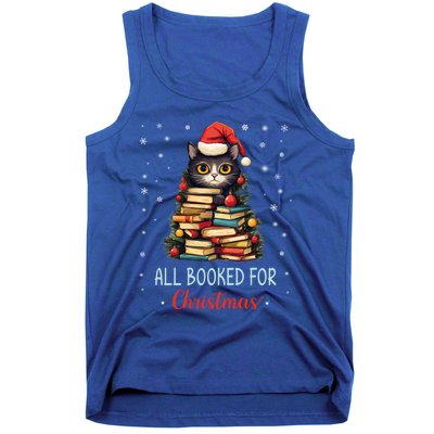 All Booked For Christmas Black Cat Santa Teacher Books Tree Funny Gift Tank Top