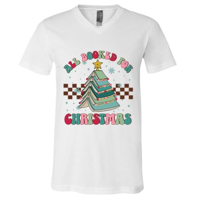 All Booked For Christmas Tree Book Funny Bookish Christmas V-Neck T-Shirt