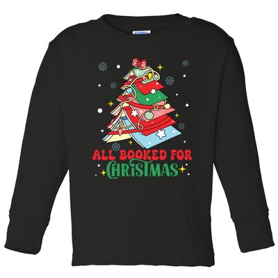 All Booked For Christmas Groovy Christmas Book Tree Squad Toddler Long Sleeve Shirt