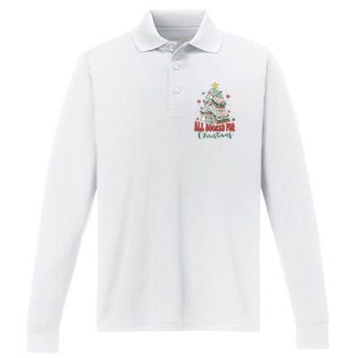 All Booked For Christmas teacher Reading Bookworm Performance Long Sleeve Polo