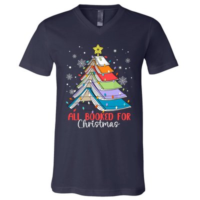 All Booked For Christmas Book Christmas Tree Lights Apparel V-Neck T-Shirt