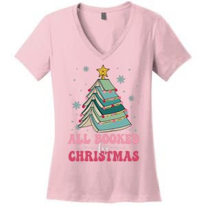 All Booked For Christmas Pine Tree Funny Xmas Raglan Baseball Women's V-Neck T-Shirt