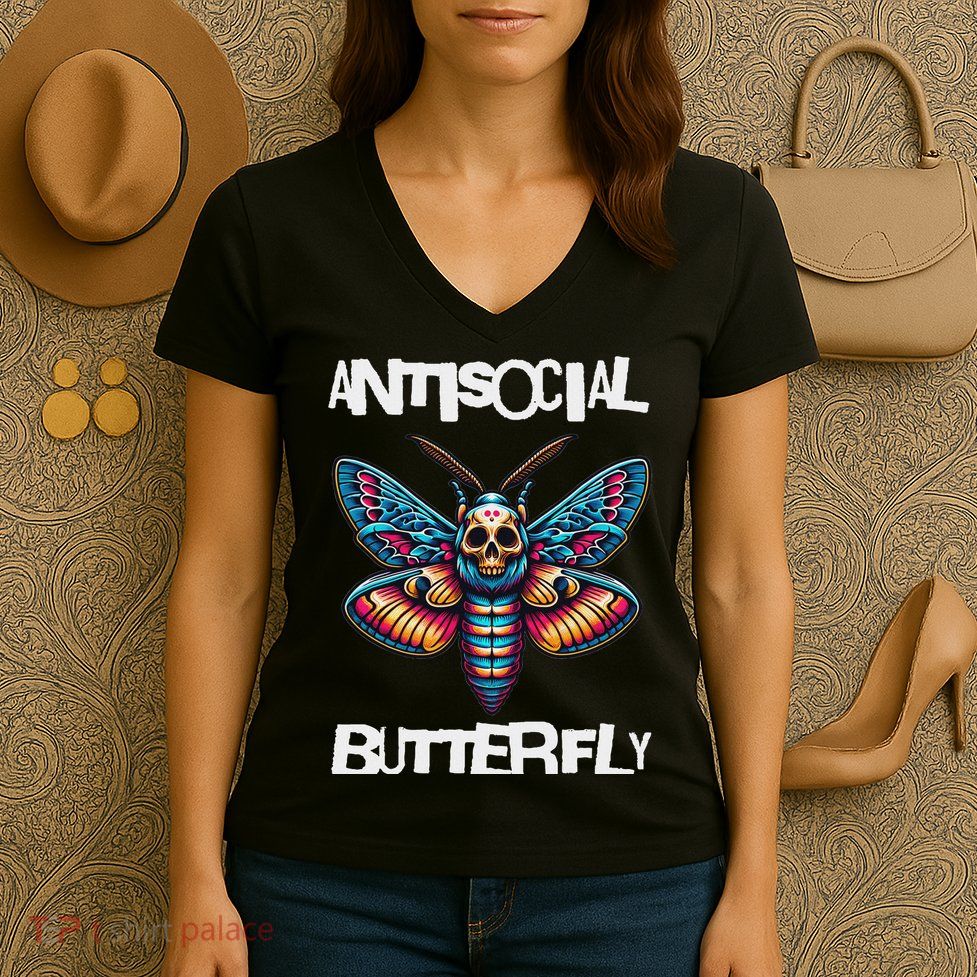 Antisocial Butterfly, Funny, With A Death Head Moth Women's V-Neck T-Shirt