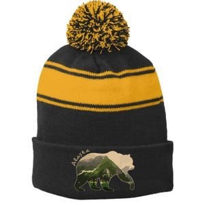 Alaska Bear Grizzly Bear Stripe Pom Pom Beanie