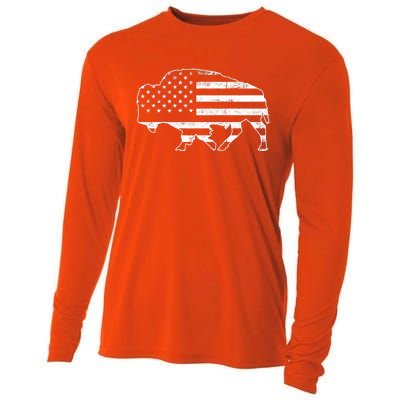 American Bison Gray Style Vintage Flag Cooling Performance Long Sleeve Crew