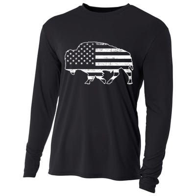 American Bison Gray Style Vintage Flag Cooling Performance Long Sleeve Crew
