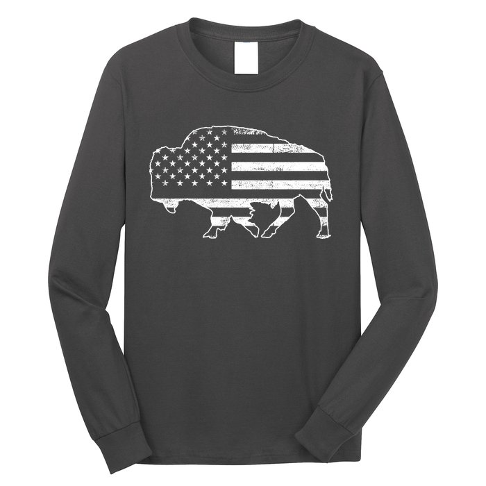 American Bison Gray Style Vintage Flag Long Sleeve Shirt