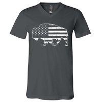 American Bison Gray Style Vintage Flag V-Neck T-Shirt