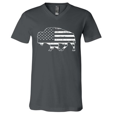 American Bison Gray Style Vintage Flag V-Neck T-Shirt