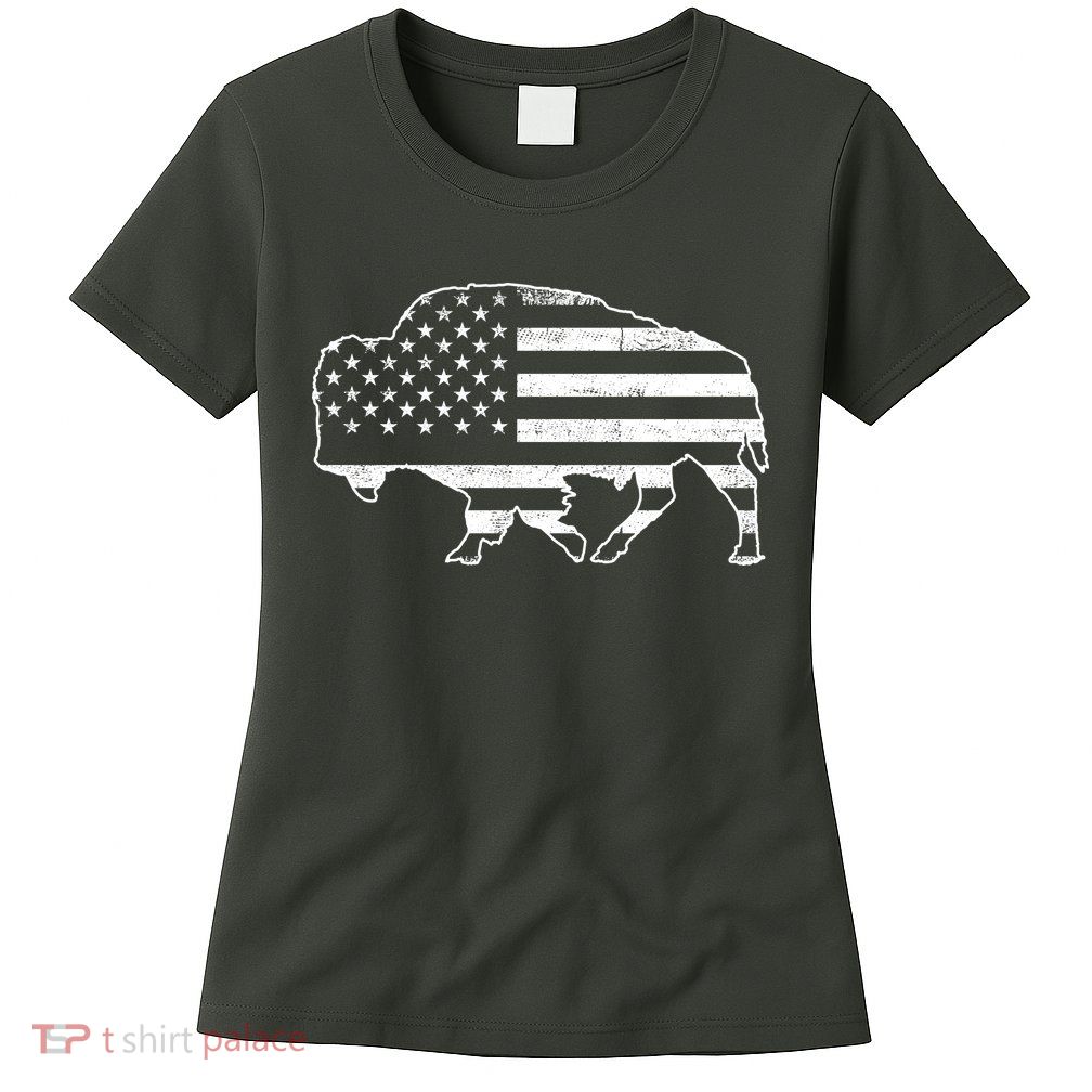 American Bison Gray Style Vintage Flag Womens T-Shirt